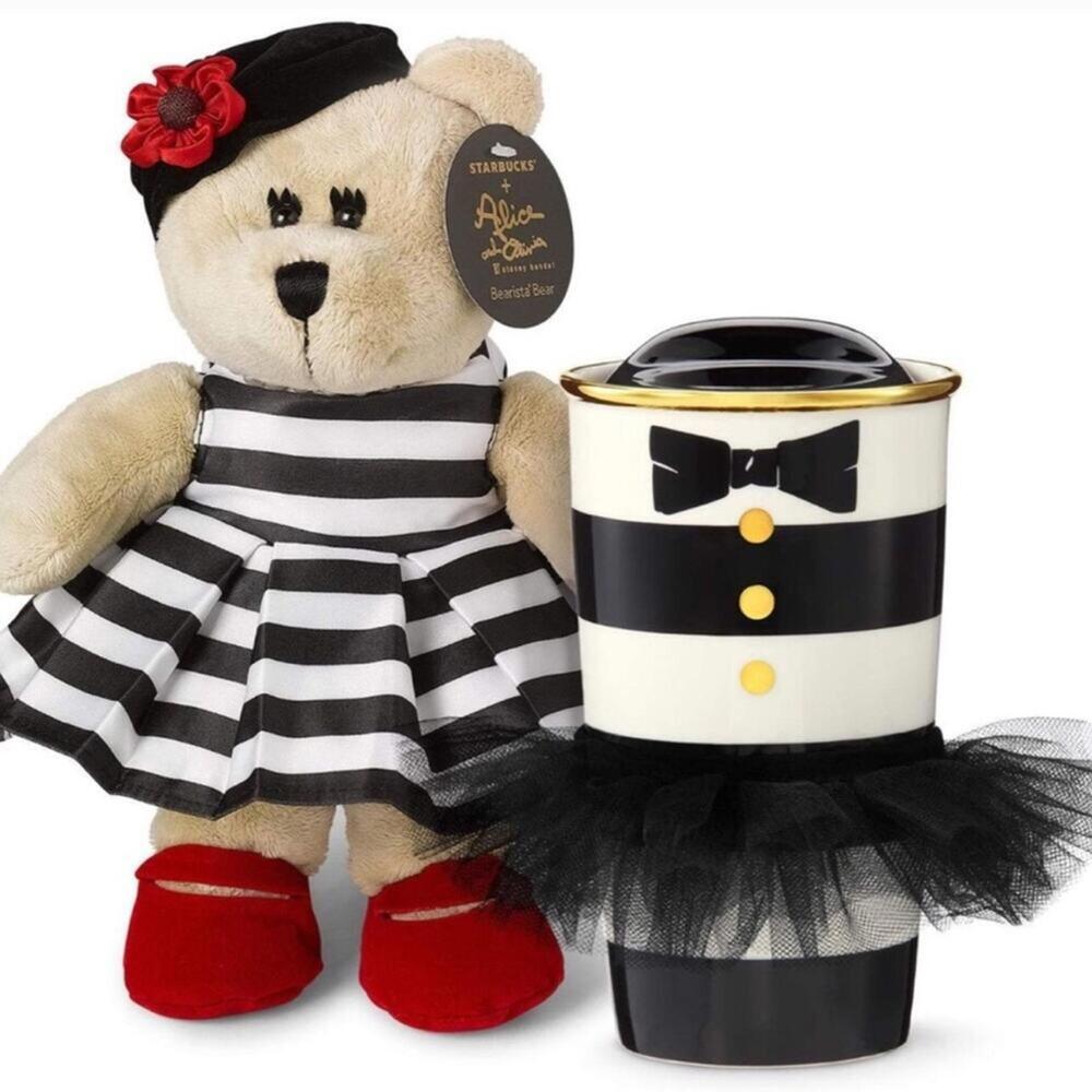 🆕 NEW Alice + Olivia x Starbucks Black White Stripe Ceramic Tumbler Teddy Bear